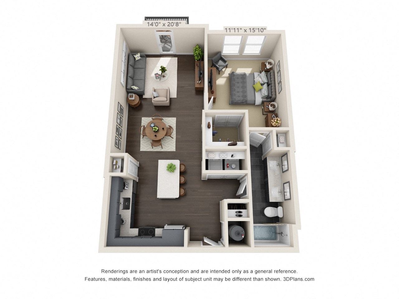 Floor plan for 1 bed, 1 bath, 855 sqft